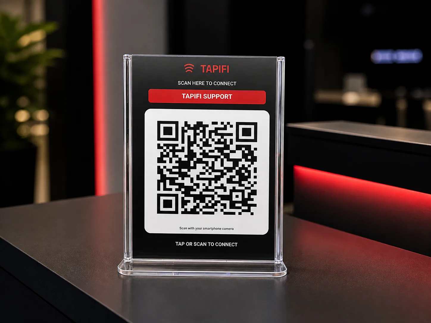 Tapifi branded QR scan standee for exhibitions, counters, and event environments
